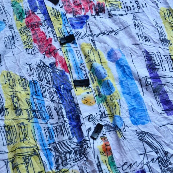 Ali Miles Art Wear Stretch Knit Button Up Shirt Short Sleeve City Print Size 1X - Picture 5 of 13